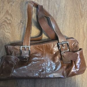 Brown Leather Shoulder Bag with Chain Detail